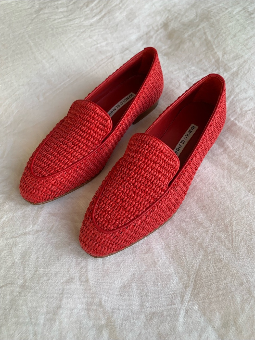 Manolo Blahnik Pitakara Raffia Wicker Woven Slip On Loafers Flats Red